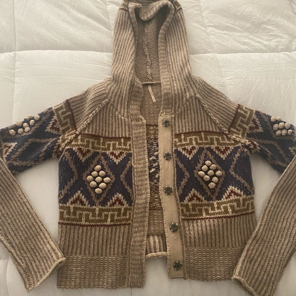 Free People Knit Cardigan W/ Pattern Detail & Hood
